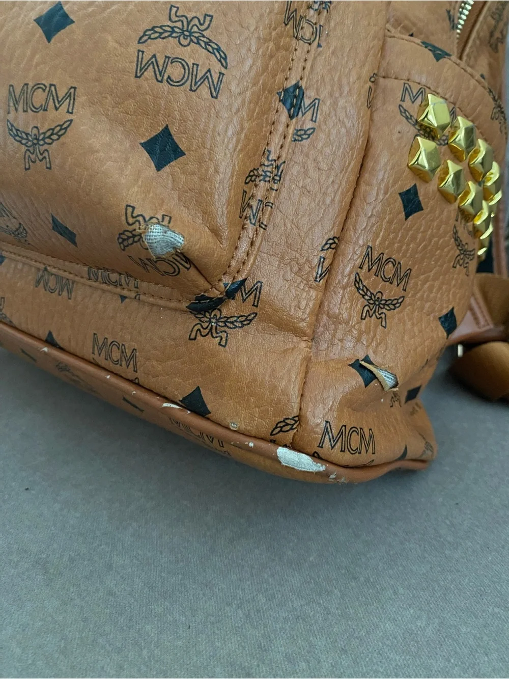 MCM Brown Visetos Logo Backpack with Gold Hardware